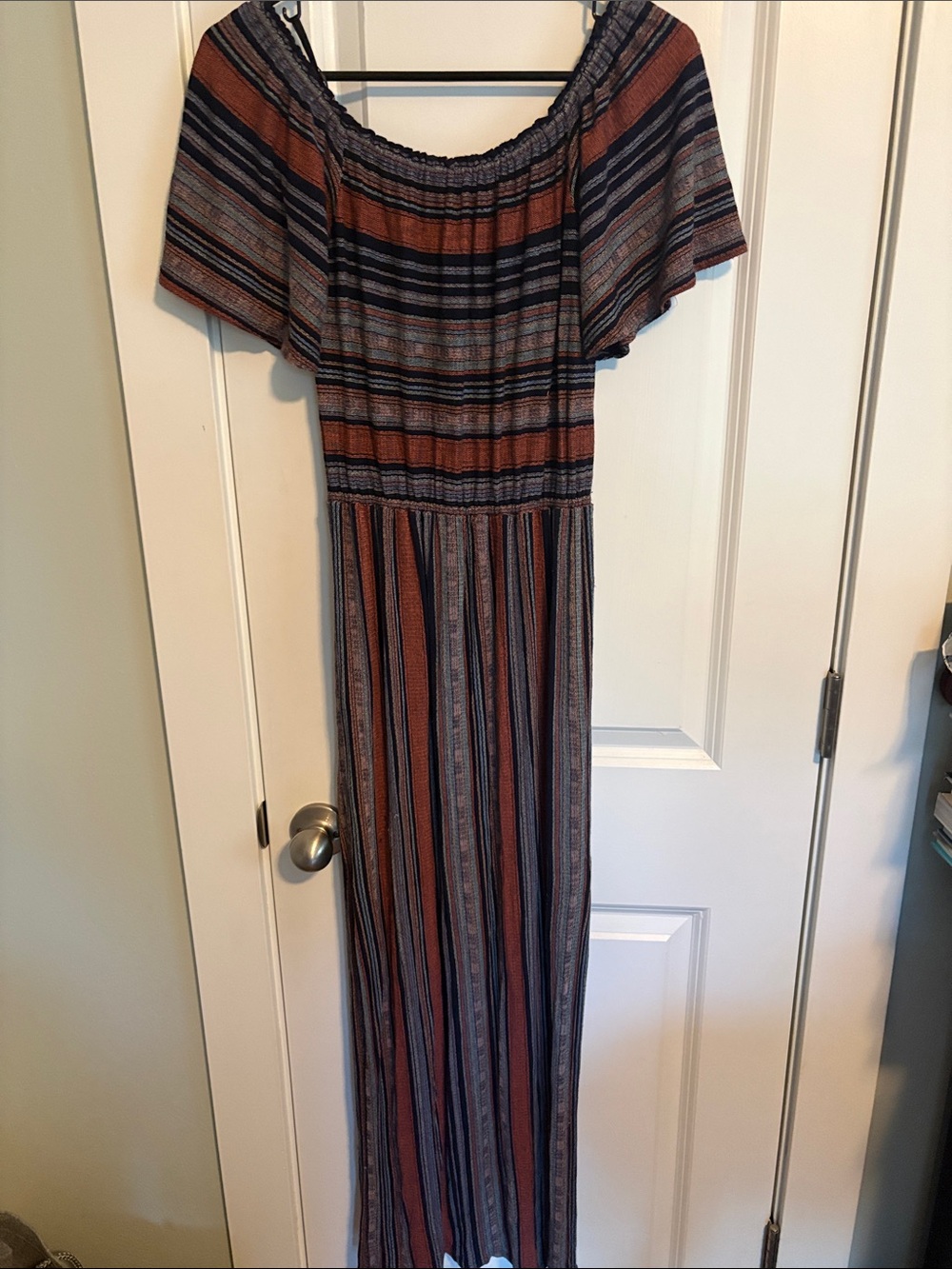BCBGMaxazria Striped Off-Shoulder Maxi Dress in Rust and Navy